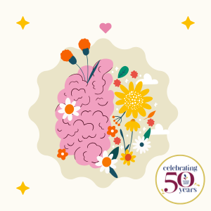 Graphic of half a brain and other half is flowers and clouds