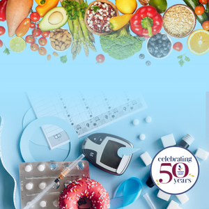 Vegetables, nuts, beans and glucose monitor, needle, pills, chart, donut