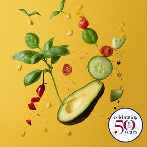 Avocado, basil, corn, tomatoes, cucumber, chili pepper