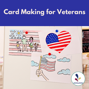 Patriotic children's drawings with text, "Card making for veterans"