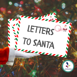 Christmas tree background with envelopes in front with text, "Letters to Santa"