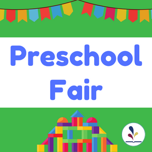 Green background with colorful flags and a block structure with text, "Preschool Fair"