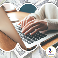 hands typing on laptop with decorative dollar bills background