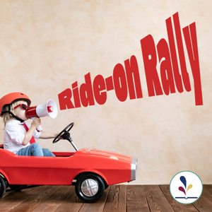 Child in toy car using megaphone, decorative text Ride-on Rally