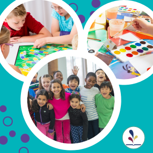 Group of children smiling; children playing board game; child water color painting