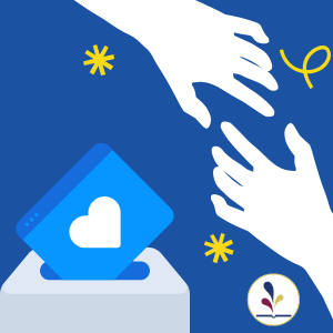 Graphic of two hands reaching for each other; envelope with heart being placed in a box