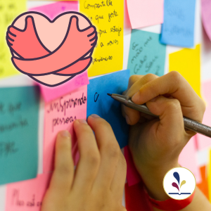Person writing on Post It notes, and graphic of two arms hugging a heart
