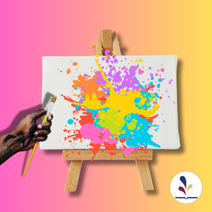 Hand with paint brush and paint, ease with canvas and paint splattered