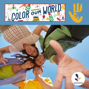 Teens looking down at camera with heads together, decorative graphics