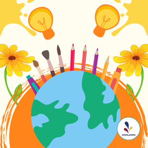 Graphic of the earth with variety of craft mediums; flowers; lightbulbs; paint splotches