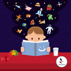 Graphic of child reading and having imaginative thoughts