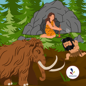 Graphic of caveman with spear running towards Mastodon; cavewoman making fire in front of a cave
