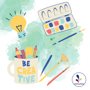 Graphic of lightbulb, paints and brushes, decorative text Be Creative
