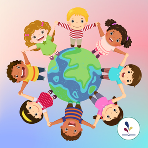 Graphic of multicultural children holding hands and standing on Earth