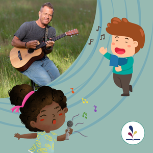 River Jack Z playing guitar; graphics of two children singing