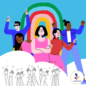 graphic of people clapping for teens with decorative rainbow in background