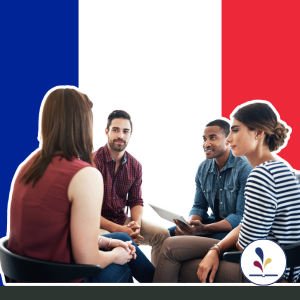Adults talking in a group with French flag in backgound