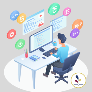 Graphic of person typing on computer with random symbols floating in the air