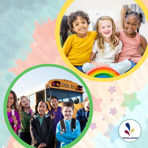 Children smiling while standing in front of a school bus or with arms around each other