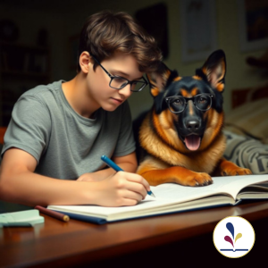 Boy and dog wearing glasses and doing homework