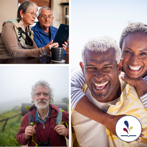 Elderly - couple hugging, couple looking at a computer, man hiking