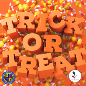 Candy corn and text "Trick or Treat"