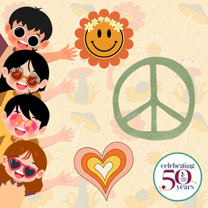 Graphic of kids with 70s style sunglasses, peace sign, smiley face with flowers, hearts