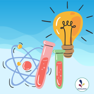 Graphic for atoms, test tubes and lightbulb