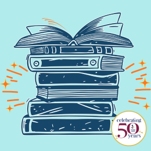 Graphic of pile of books with top book open