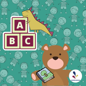 Graphic of dinosaur, ABC blocks, teddy bear holding a book