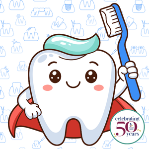 Graphic of tooth wearing a cape, toothpaste for hair, holding a toothbrush