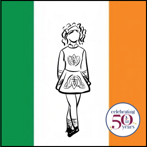 Graphic of flag of Ireland and outline of girl in traditional dance clothing