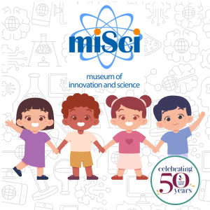 Graphic young children holding hands, MiSci logo, background of science test tubes