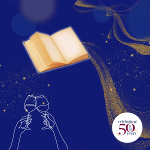 Image of flying book, stars, and two hands clinking glasses