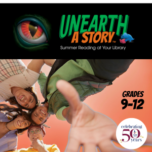 Teens looking down at camera with heads together, decorative graphics