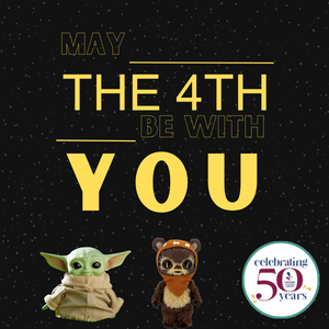 Baby Yoda and ewok; decorative text "May the 4th Be With You"